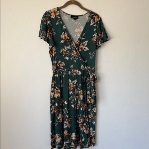 Floral Faux Wrap Dress in Dark Green Floral